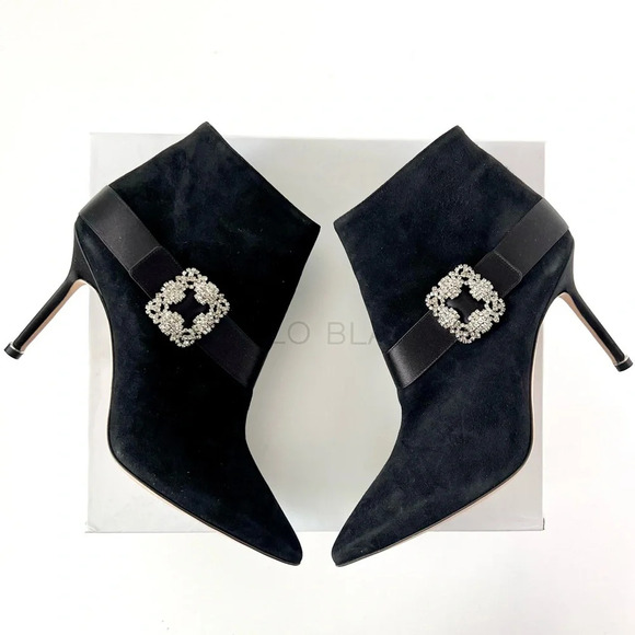 MANOLO BLAHNIK || Plinianu Black Suede Jewel Buckle Ankle Boots New US 10.5 - Picture 1 of 12